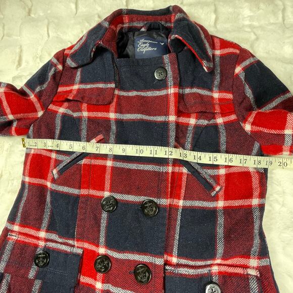 🔥American Eagle Wool Blend Plaided Red Blue Military Style Peacoat Jacket Sz M - Picture 13 of 16